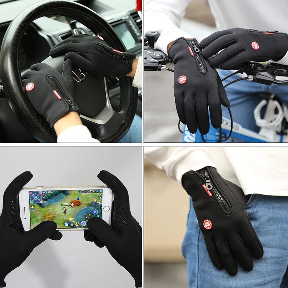 Gros plans de gants de vélo et de sport en polaire noire portés sur les mains et un volant.
