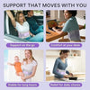 Ergonomic lumbar support brace shown in various contexts including driving, working at a desk, and performing daily chores.