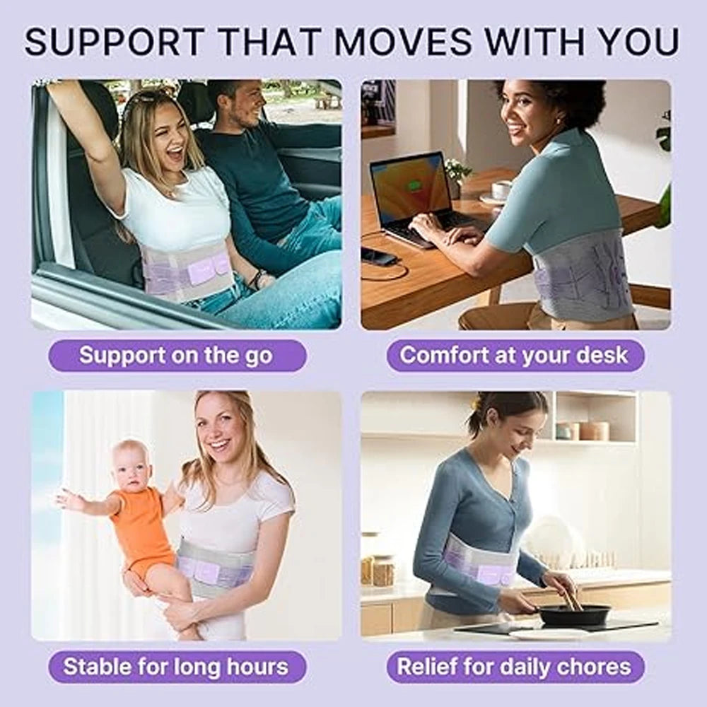 Ergonomic lumbar support brace shown in various contexts including driving, working at a desk, and performing daily chores.