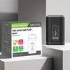 Schwarze portable elektrische Luftpumpe mit Ein-/Ausschalter neben ihrer Verpackungsbox.