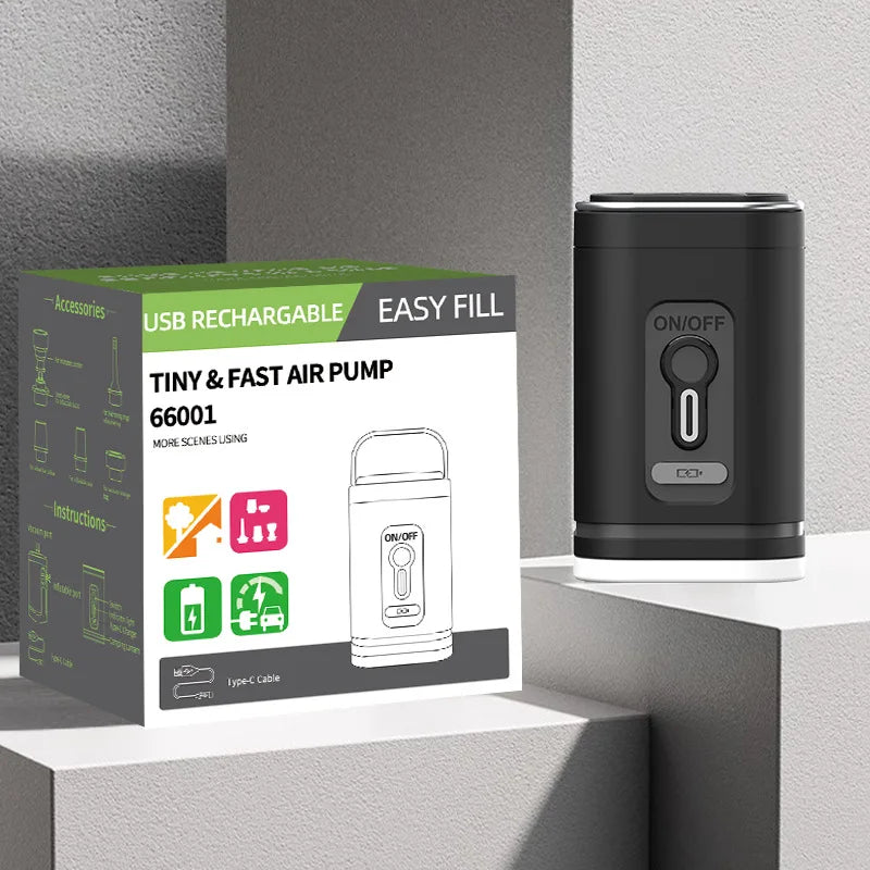 Schwarze portable elektrische Luftpumpe mit Ein-/Ausschalter neben ihrer Verpackungsbox.