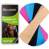 A stack of colorful kinesiology tape strips in various shades of pink, blue, and black are displayed next to the product pack