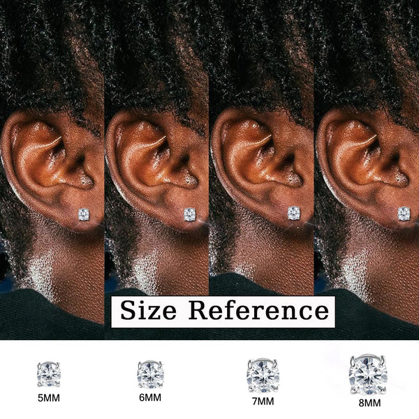 Size reference showing four different sizes of magnetic cubic zirconia stud earrings: 5MM, 6MM, 7MM, and 8MM.