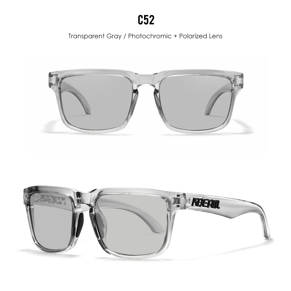 Transparent gray photochromic polarized sunglasses shown in a pair.