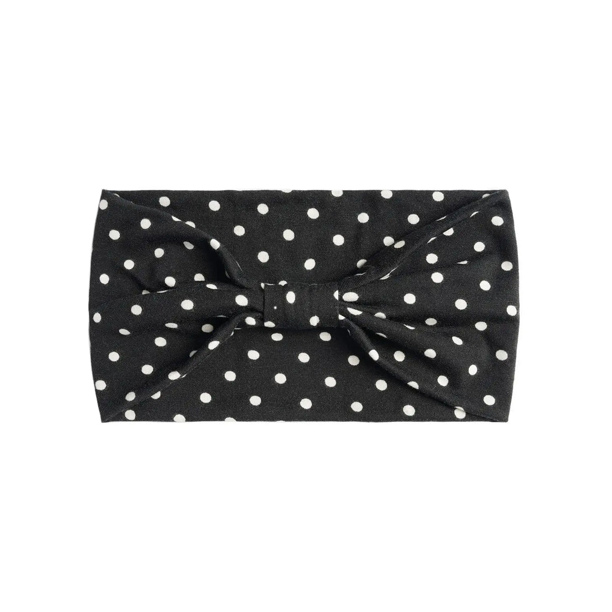 Black fabric headband with white polka dots tied in a bow