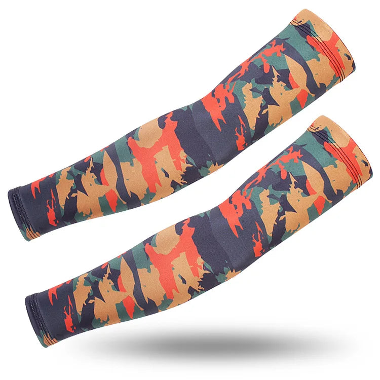 A pair of camouflage tactical arm sleeves featuring shades of green, brown, and orange.