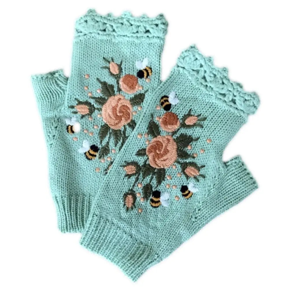Embroidered Floral Bee Fingerless Gloves