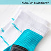 White and teal compression socks with black accents shown in a close-up view.