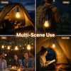 Multi-scene use of a solar rechargeable camping lantern shown in various outdoor settings like camping, hiking, and night lig
