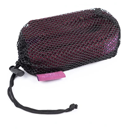 A dark purple mesh gym wrist wrap with a pink tag and black drawstring.