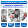 Wrist support splint designed to help tendonitis sufferers recover, shown in various application contexts.