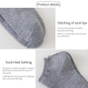Nahaufnahme grauer Socken mit Nähtdetails und Fersenverstärkung.