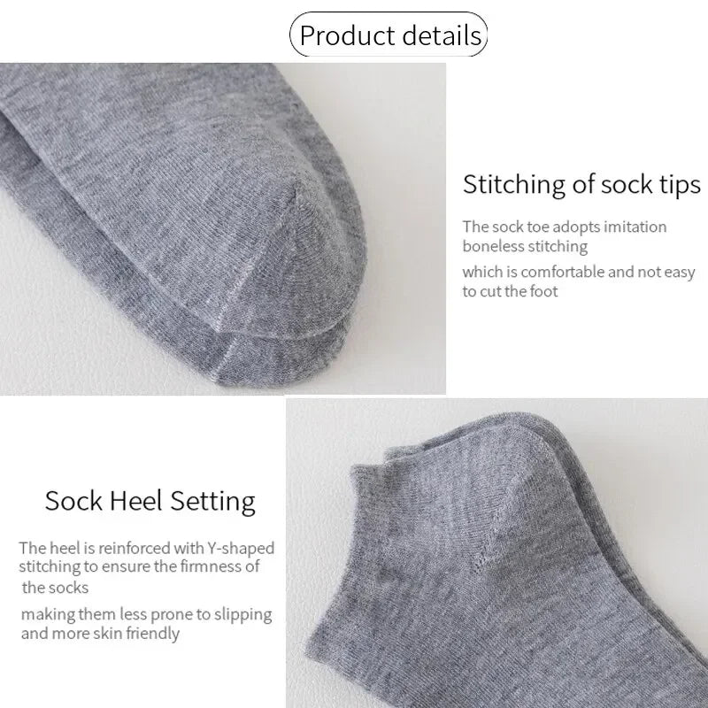 Nahaufnahme grauer Socken mit Nähtdetails und Fersenverstärkung.