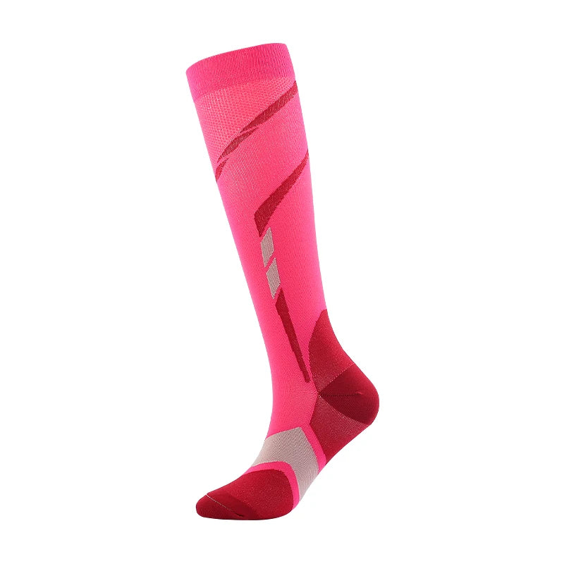 Pink compression leg and calf socks with gray stripes for athletic support