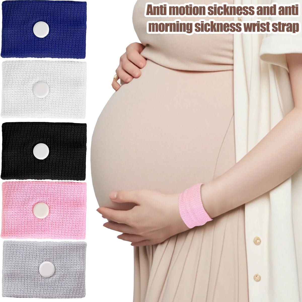 A collection of anti-motion sickness and anti-morning sickness wrist straps in various colors, held by a pregnant woman.
