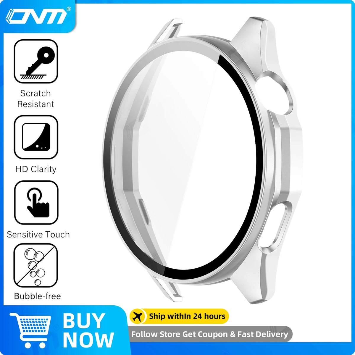 Clear tempered glass and hard PC case for a Huawei Watch GT 6 displayed with quality icons.