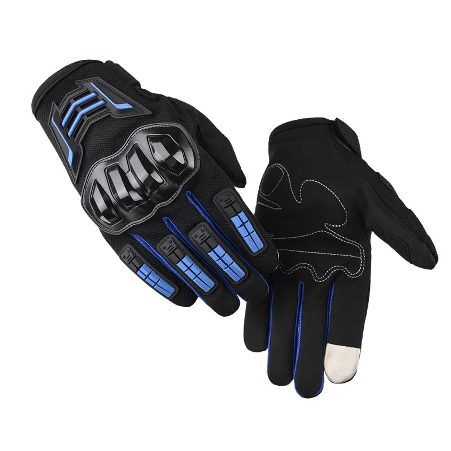 A pair of black motorcycle riding gloves with blue accents and a silver palm.