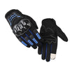 A pair of black motorcycle riding gloves with blue accents and a silver palm.