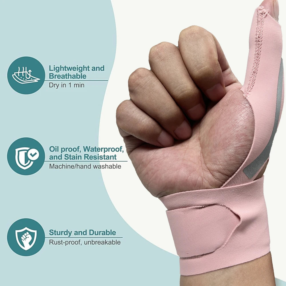 Hand mit hellrosa Handgelenks- und Daumendruckbandage, die leichte, wasserdichte und strapazierfähige Eigenschaften hervorheb