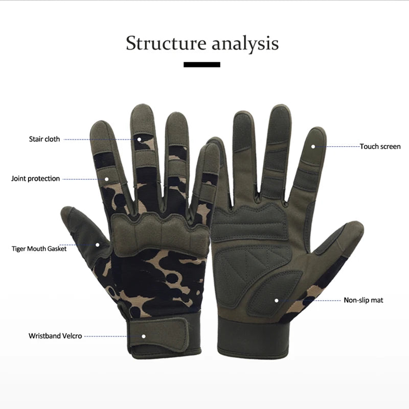 A pair of dark olive green full finger mitts with a tiger print pattern, showing various features like joint protection and a