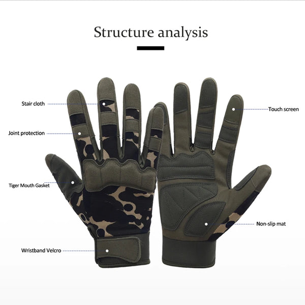 A pair of dark olive green full finger mitts with a tiger print pattern, showing various features like joint protection and a