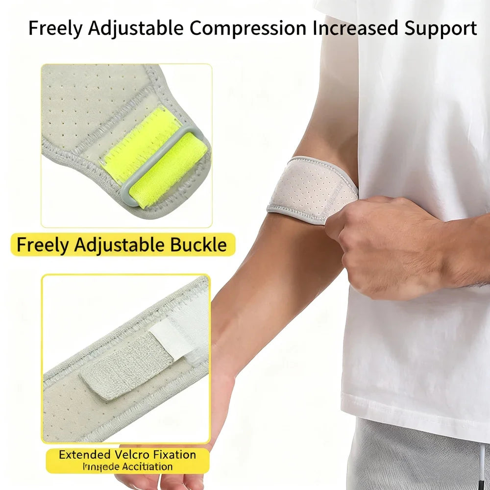 A hand wearing a light-colored compression brace on the elbow, showing adjustable features and a buckle.