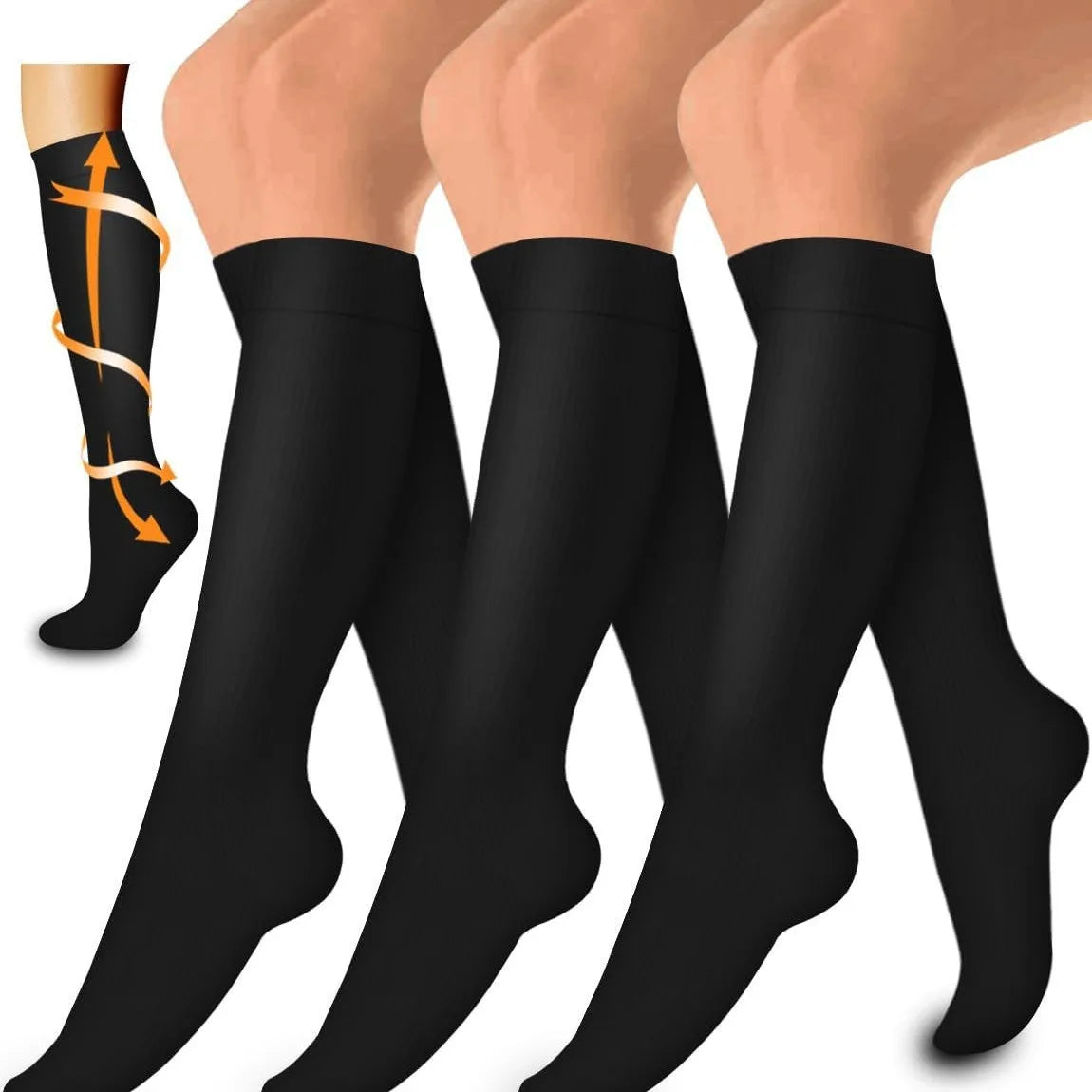 A set of three black women's compression socks shown on legs.