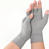 Gray copper compression wrist support gloves worn on a hand and wrist.