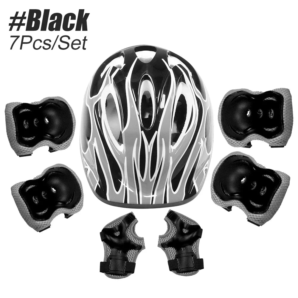 A set of black protective gear including a helmet, knee pads, and wrist guards for skating.