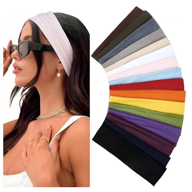 A collection of multi-colored stretchy sports headbands displayed in a fan arrangement.