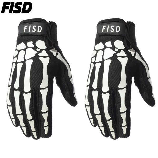 A pair of black and white multi-functional full finger cycling and sports gloves with skeletal print palm design.