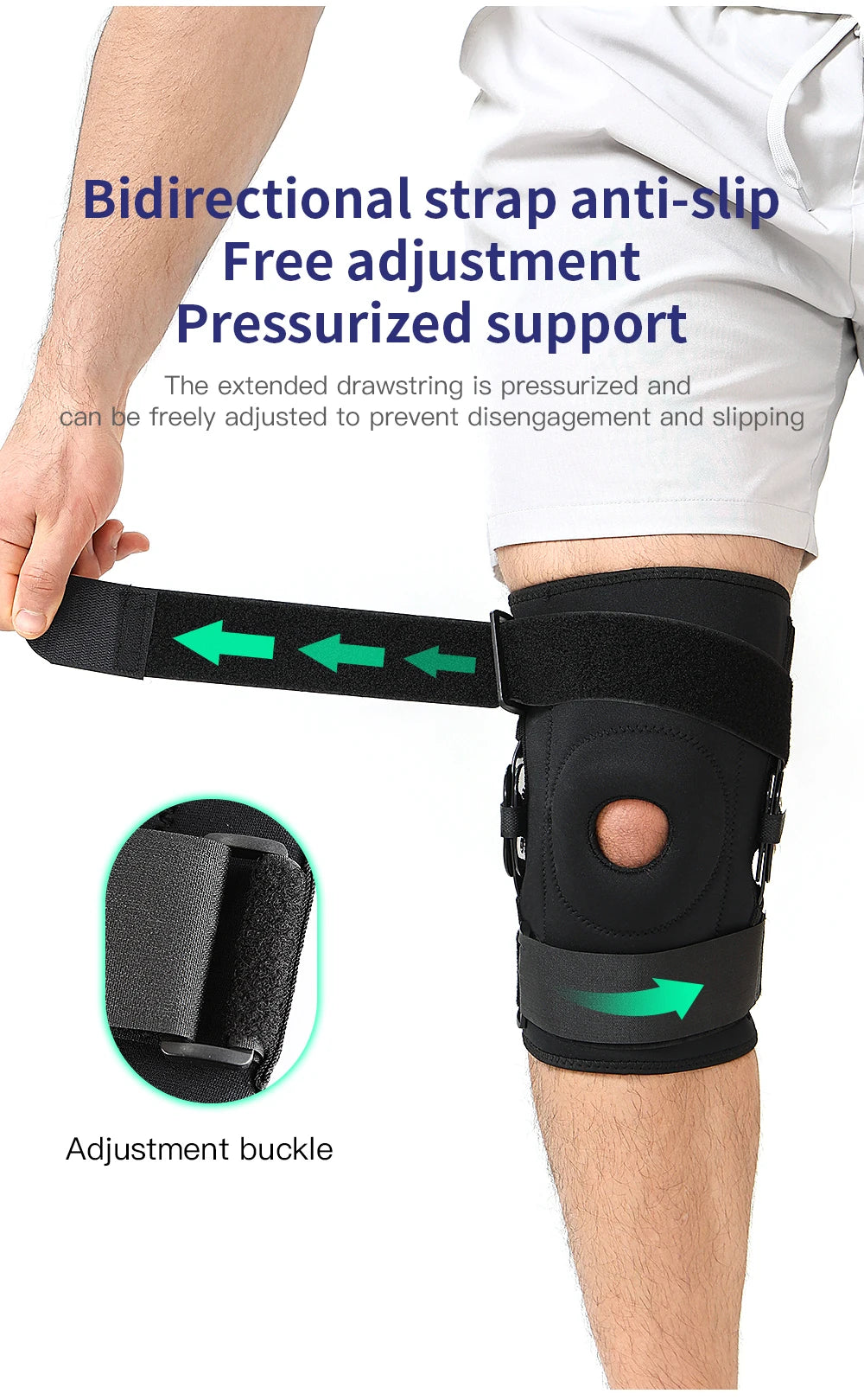 Black bidirectional strap anti-slip knee support with an adjustment buckle applied to a leg.