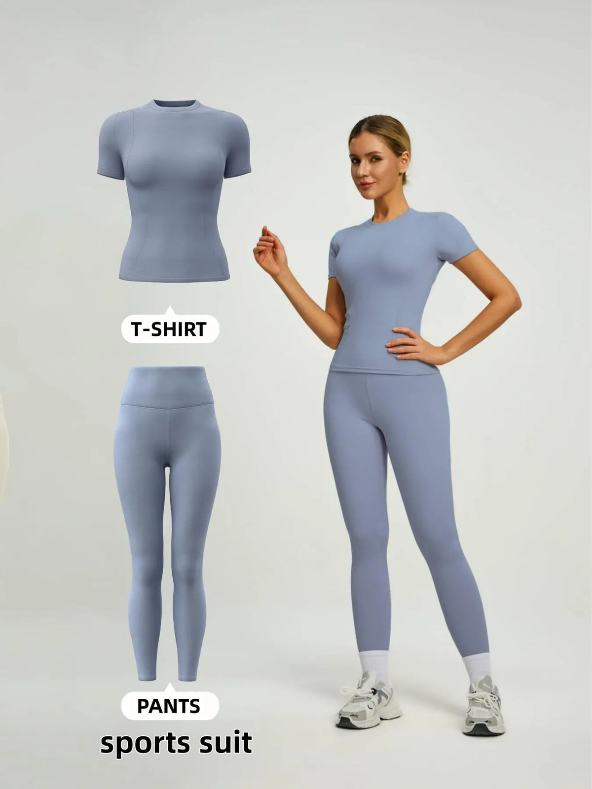 Ein Modell trägt einen hellblauen Sportanzug mit langärmeligem Oberteil und passenden Leggings.