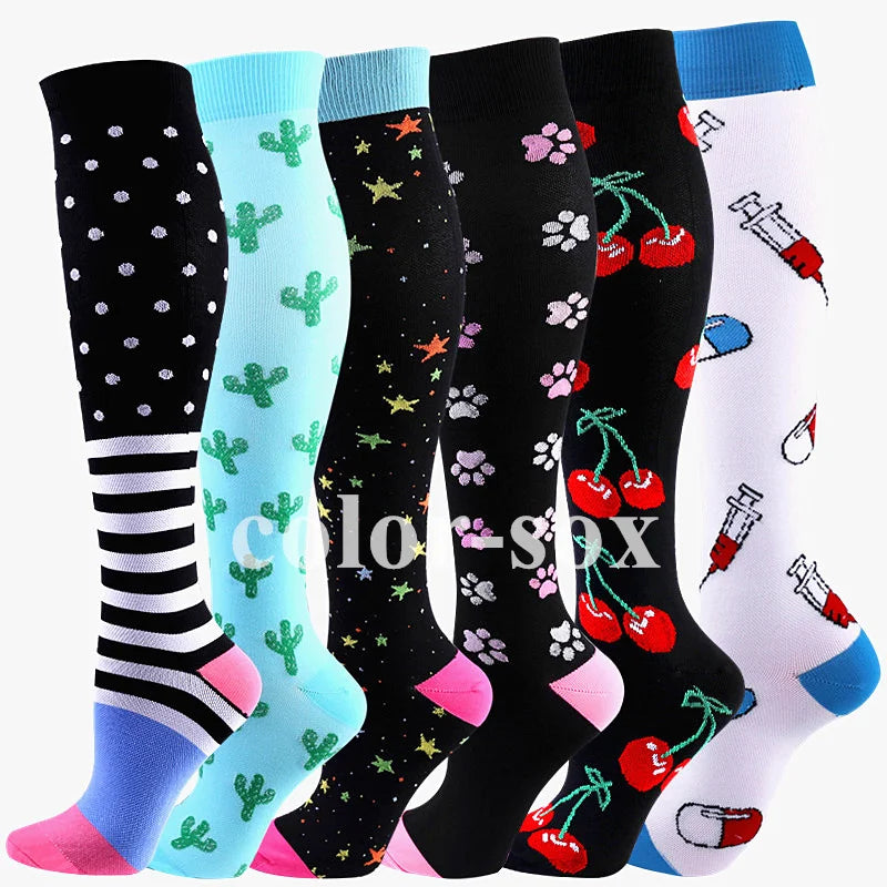 A collection of medical grade compression socks in various colors and patterns, including black, light blue, and white.