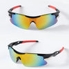 A pair of black sport sunglasses with multi-colored lenses and red accents shown against a white background.
