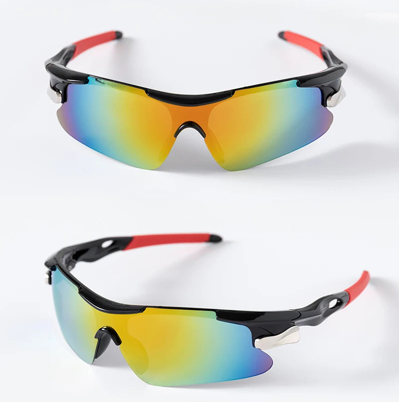 A pair of black sport sunglasses with multi-colored lenses and red accents shown against a white background.