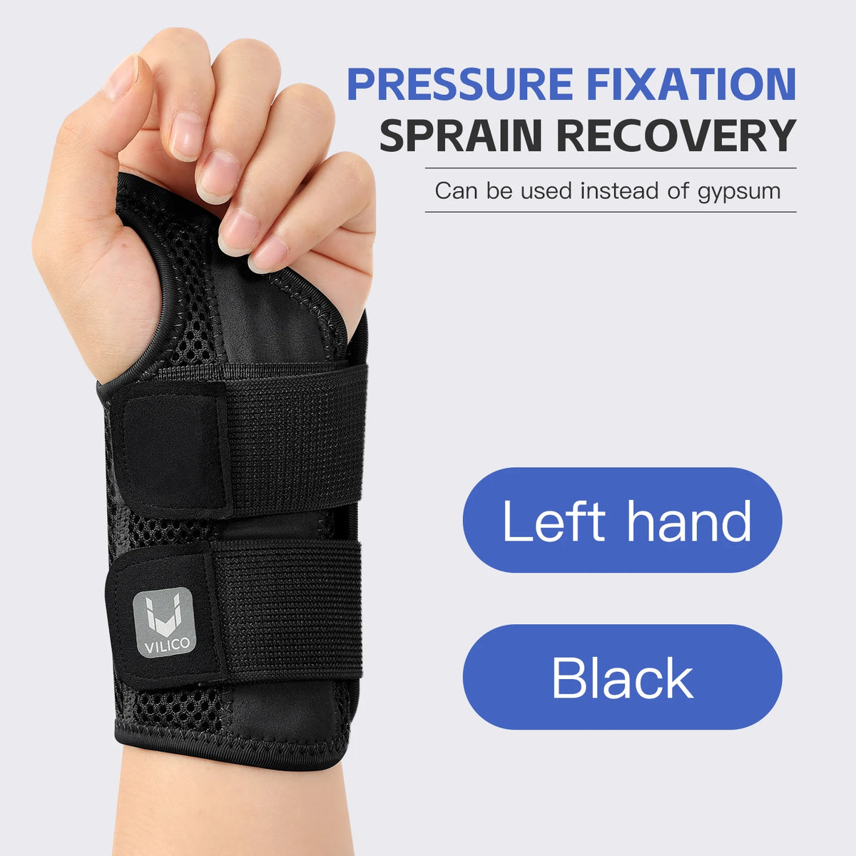 Black pressure fixation sprain recovery brace worn on the left hand for joint pain relief