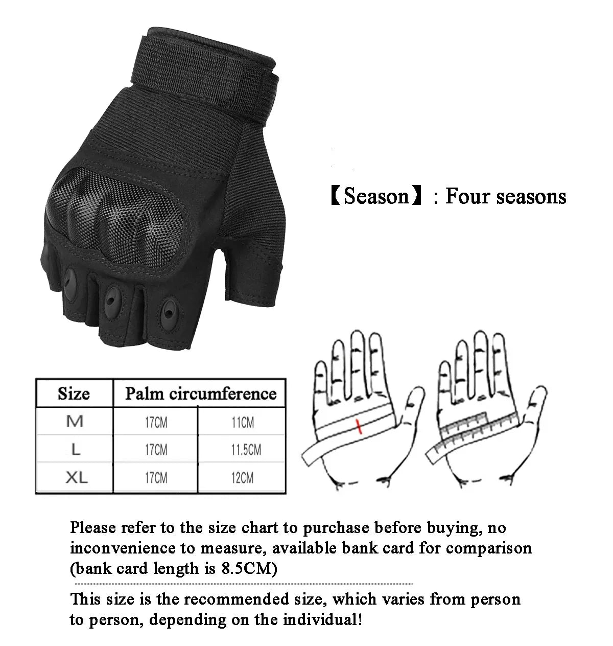 Black tactical fingerless gloves shown with size charts and diagrams for measurement