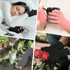 Hands wearing various colored compression gloves performing gardening tasks.