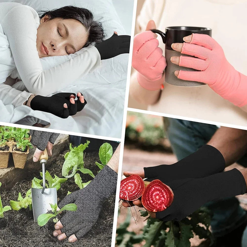 Hands wearing various colored compression gloves performing gardening tasks.