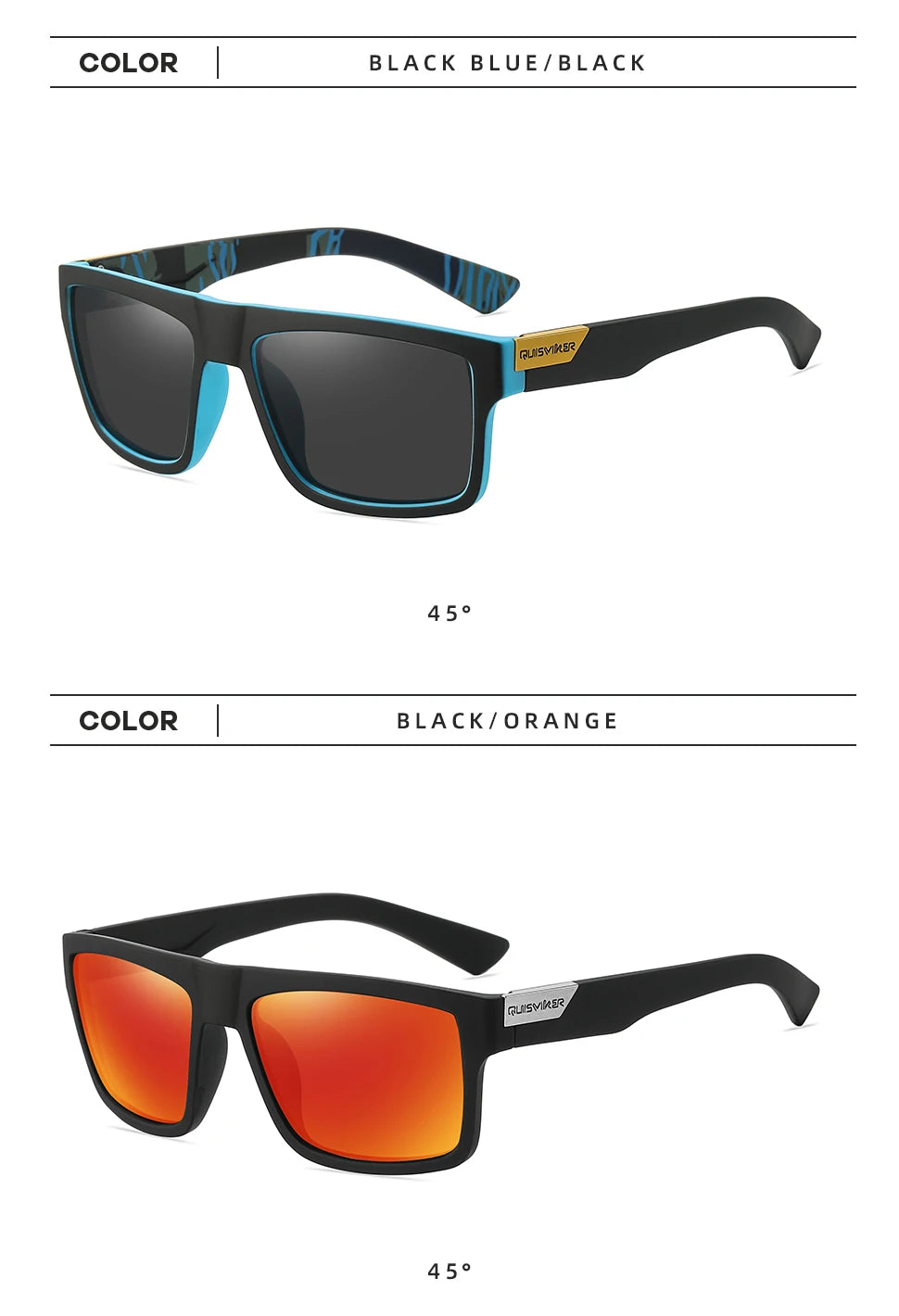Un par de gafas de sol polarizadas negras y azules, vistas de perfil con un ángulo de 45 grados.