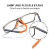 A pair of light gray and orange TR90 frame reading glasses shown with a close-up of the flexible temple arm.