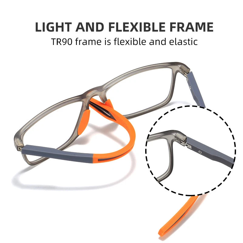 A pair of light gray and orange TR90 frame reading glasses shown with a close-up of the flexible temple arm.