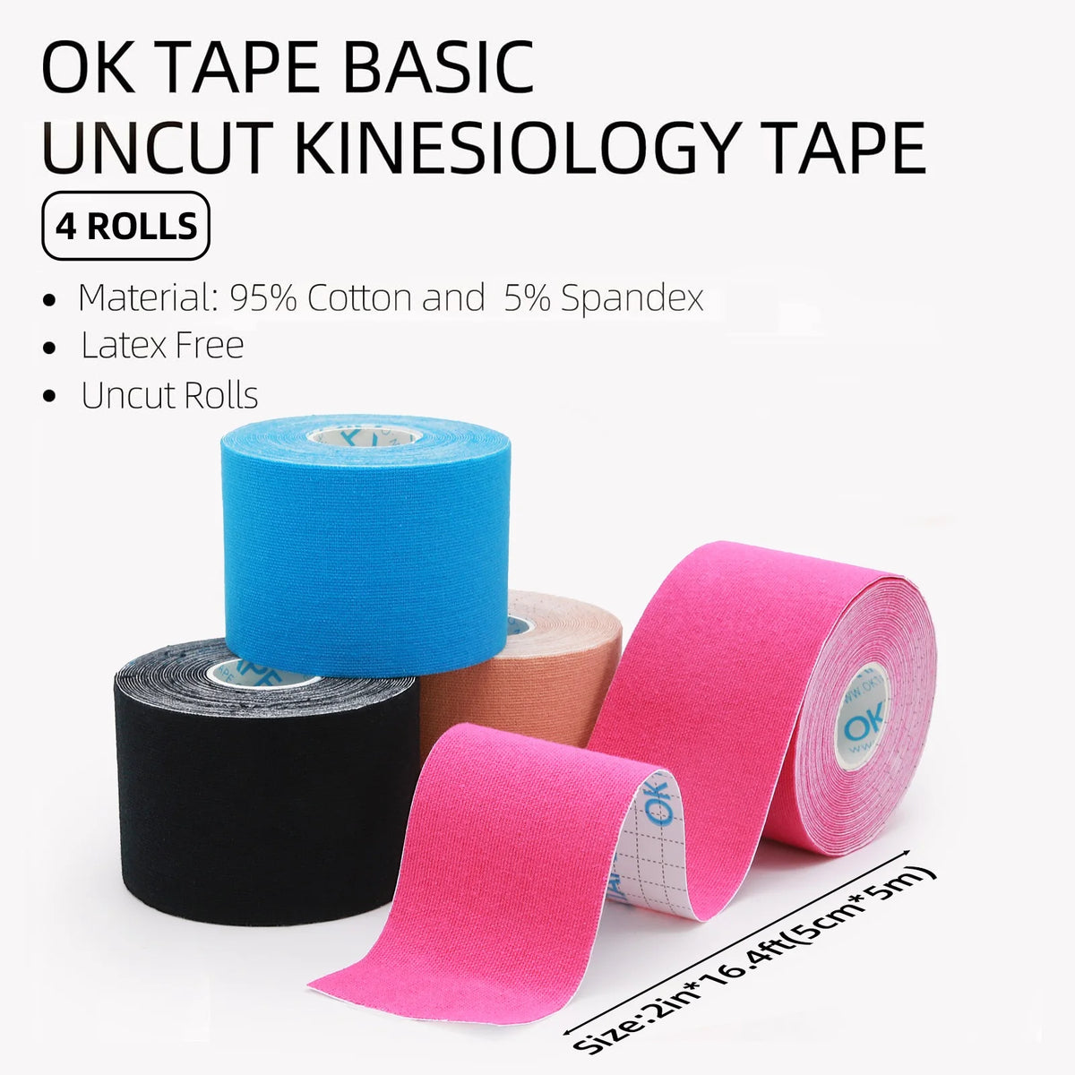 Rolls of OK Tape Basic Uncut Kinesiology Tape in blue and pink colors