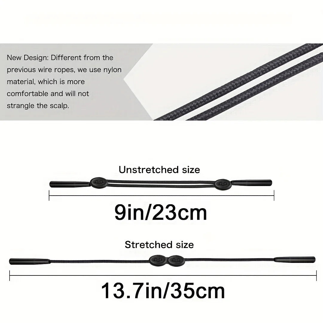 An adjustable eyeglass strap shown in unstretched and stretched sizes, highlighting a new design made from nylon.
