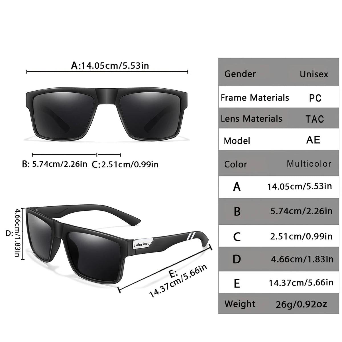 A set of black polarized square sunglasses shown with various dimensions and details.