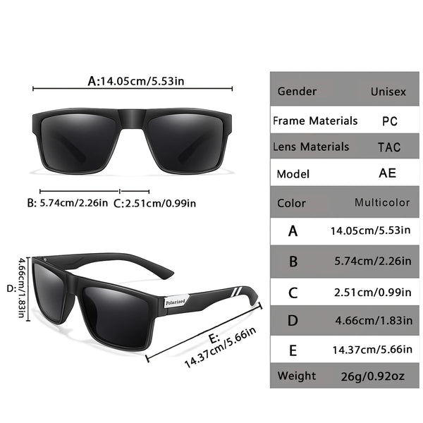 A set of black polarized square sunglasses shown with various dimensions and details.