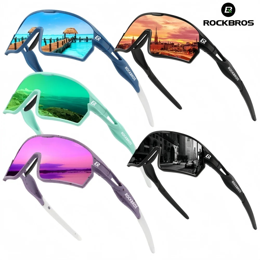 A collection of five polarized cycling sunglasses in various colors including blue, green, orange, and purple.
