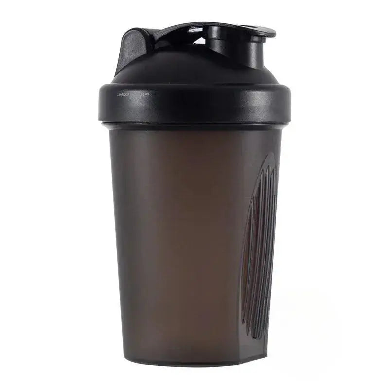 A black leakproof protein shaker bottle with a screw-on cap.