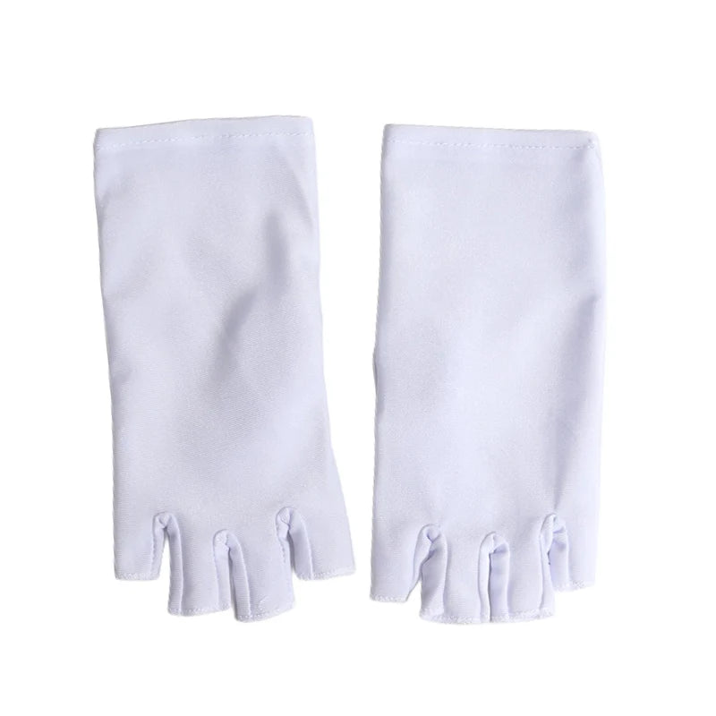 A pair of white thin stretch elastane gloves for driving and cycling.